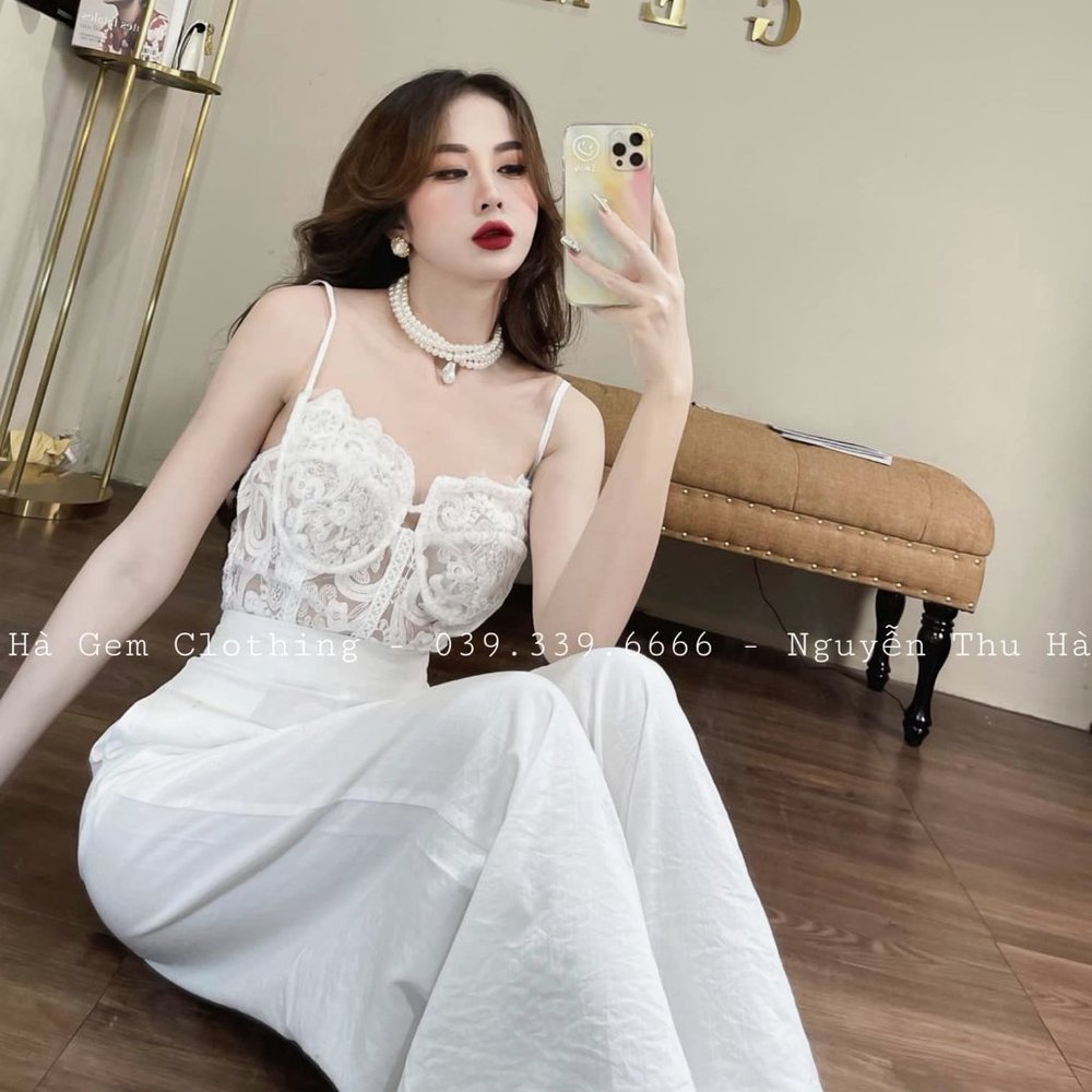 Bustier lace top and high wasted linen wide leg pants 2 piece set size Small